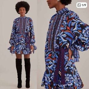 FARM Rio Robe Black Toucans Long Sleeve Blue Print Mini Dress